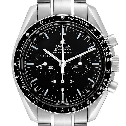 The Omega Speedmaster 3570.50.00 Men's Stainless Steel Black Dial watch is shown from a front angle, highlighting the dial, bezel, and stainless steel bracelet.