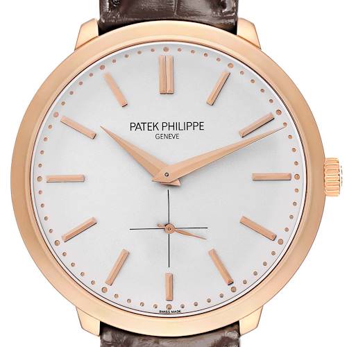 The image shows a frontal view of a Patek Philippe Calatrava 5123 Men's Rose Gold Silver Dial watch, highlighting its dial, hands, and crown.