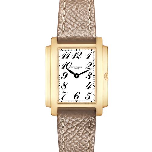The Patek Philippe Gondolo 4824J Women's Yellow Gold White Dial watch is shown from a top-down angle, displaying its rectangular face, gold case, and textured strap.