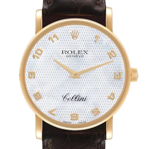 This is a front view of the Rolex Cellini 5115 Men's Yellow Gold Mother of Pearl Dial 5115 Men's Yellow Gold Mother of Pearl Dial watch displaying the face, hands, numerals, bezel, and part of the strap.
