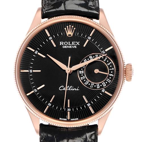 The Rolex Cellini 50515 Men's Rose Gold Black Dial watch is shown from a front angle highlighting its dial, hour markers, and date subdial.