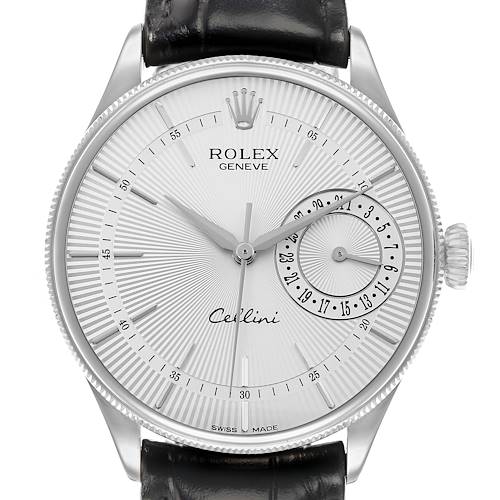 The Rolex Cellini 50519 Men's White Gold Silver Dial watch is shown from the front, displaying the entire face, hands, and crown.