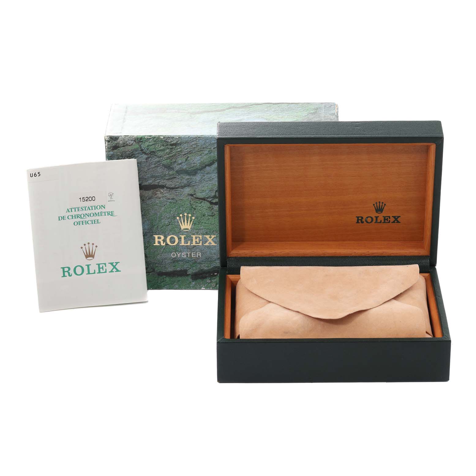 The image shows the packaging, box, and manual of a Rolex Date 15200 Men's Stainless Steel Black Dial 15200 Men's Stainless Steel Black Dial model, viewed from the front.