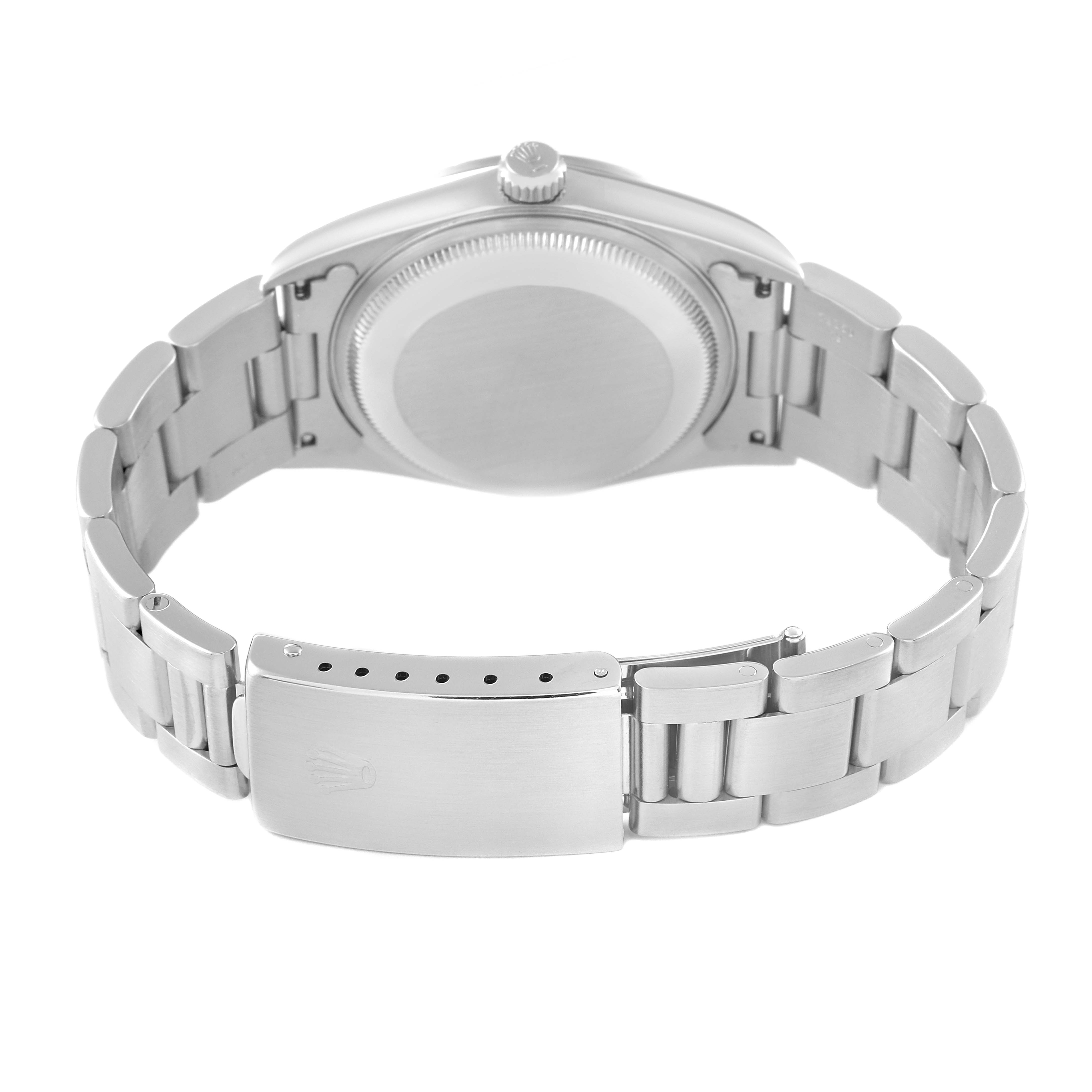 This image shows the back view of a Rolex Date 15200 Men's Stainless Steel Black Dial 15200 Men's Stainless Steel Black Dial model watch, highlighting its bracelet and clasp.