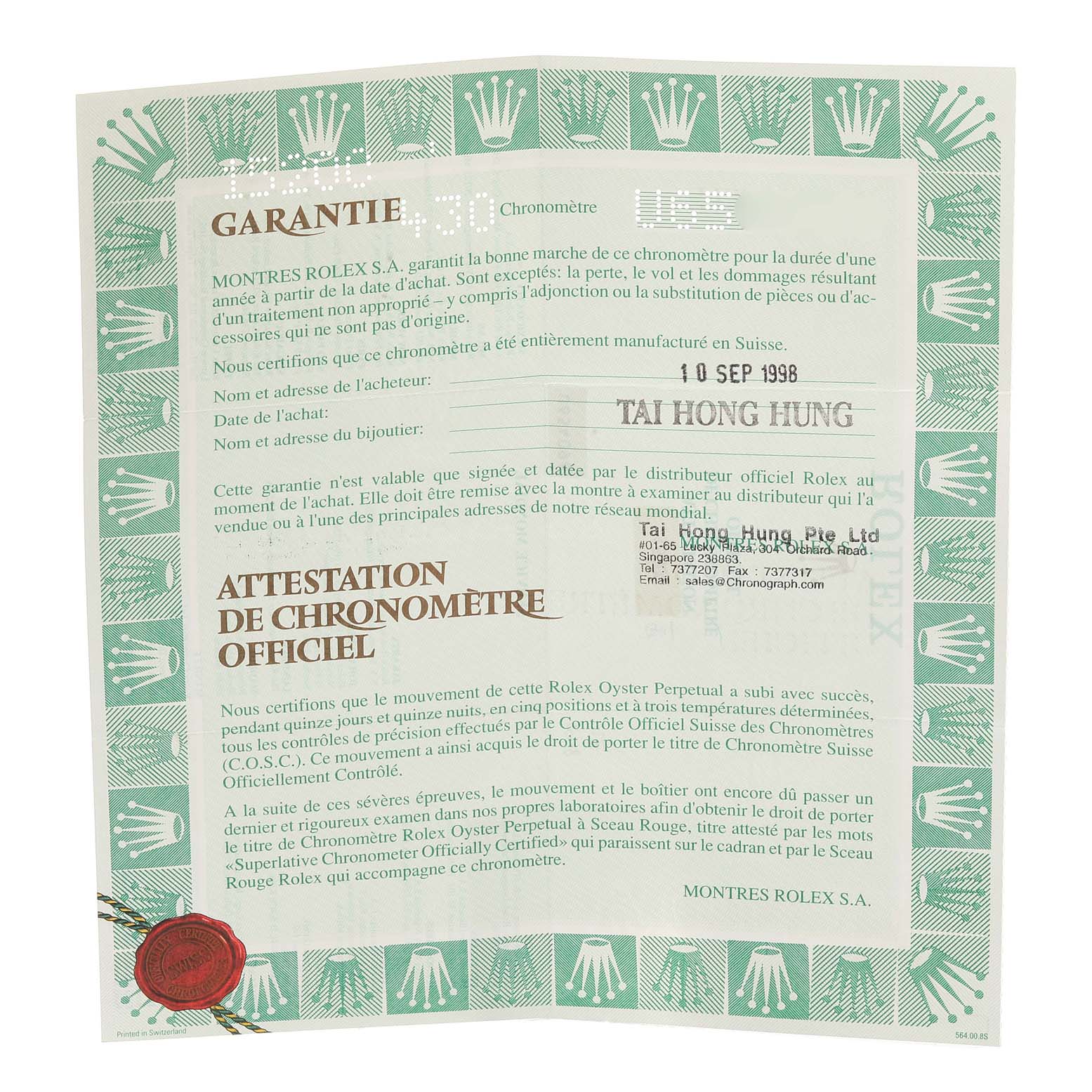 The image shows a certificate of guarantee and official chronometer certification for a Rolex Date 15200 Men's Stainless Steel Black Dial 15200 Men's Stainless Steel Black Dial model watch.