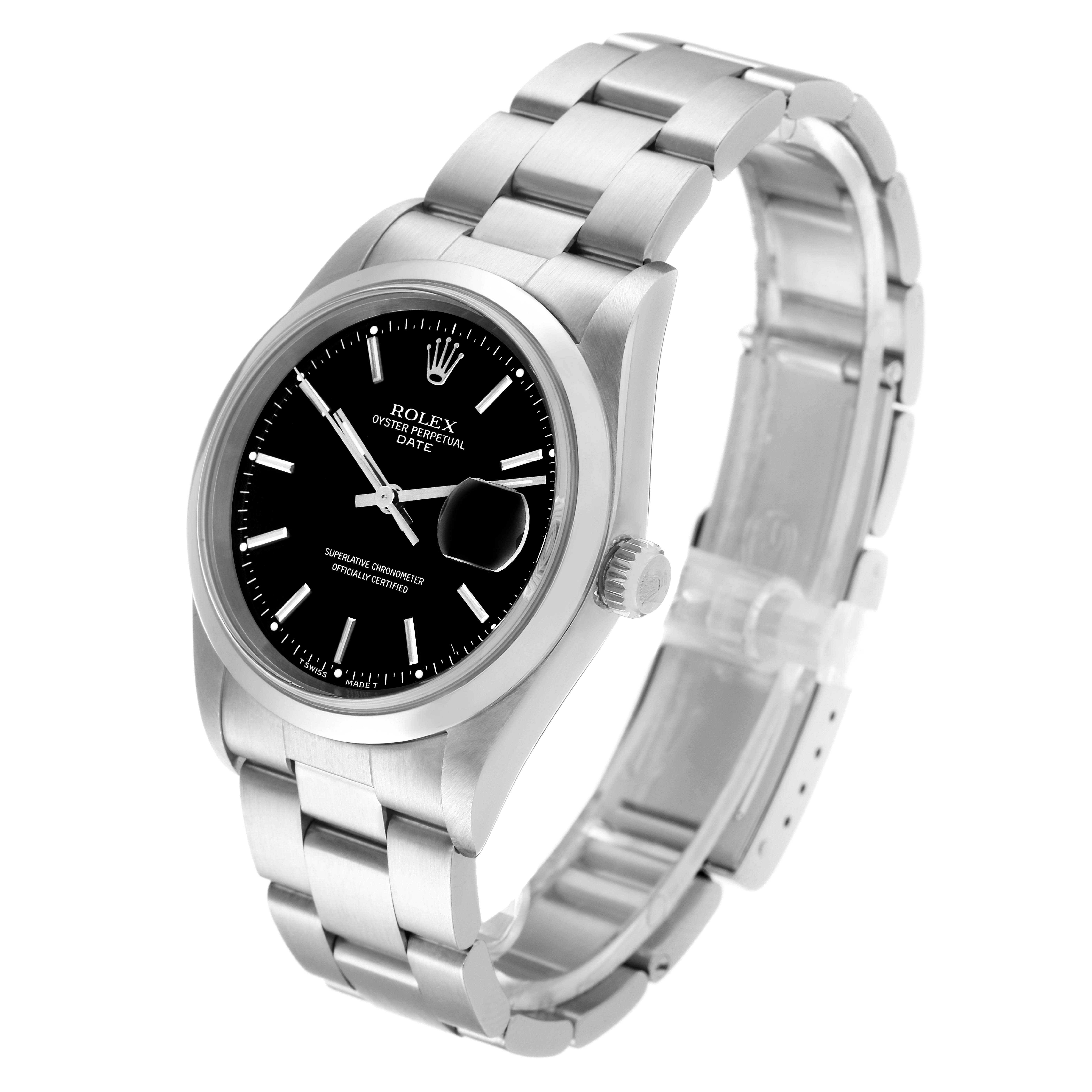 The image shows a Rolex Date 15200 Men's Stainless Steel Black Dial 15200 Men's Stainless Steel Black Dial model watch at a slight angle, showcasing the dial, bezel, crown, and part of the bracelet.