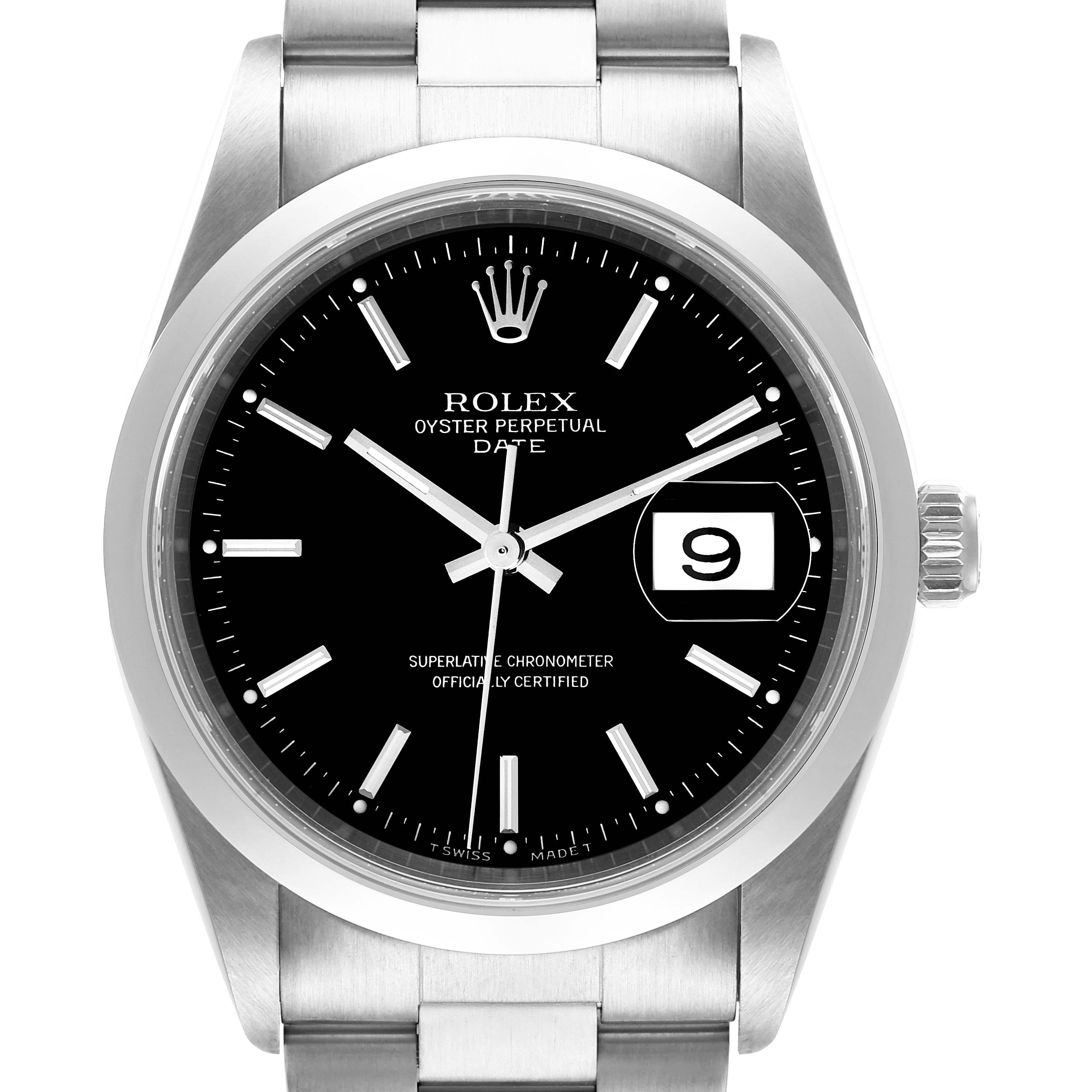 The Rolex Oyster Perpetual Date watch is shown from the front, displaying its dial, date window, hands, and part of its bracelet.