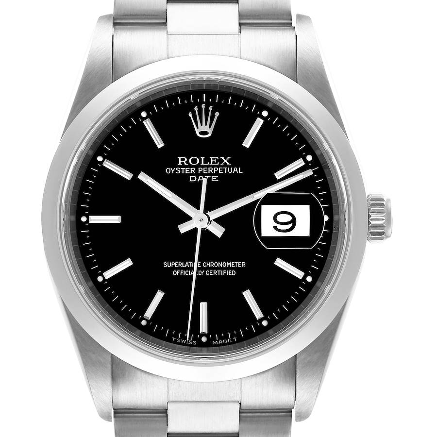 The Rolex Oyster Perpetual Date watch is shown from the front, displaying its dial, date window, hands, and part of its bracelet.