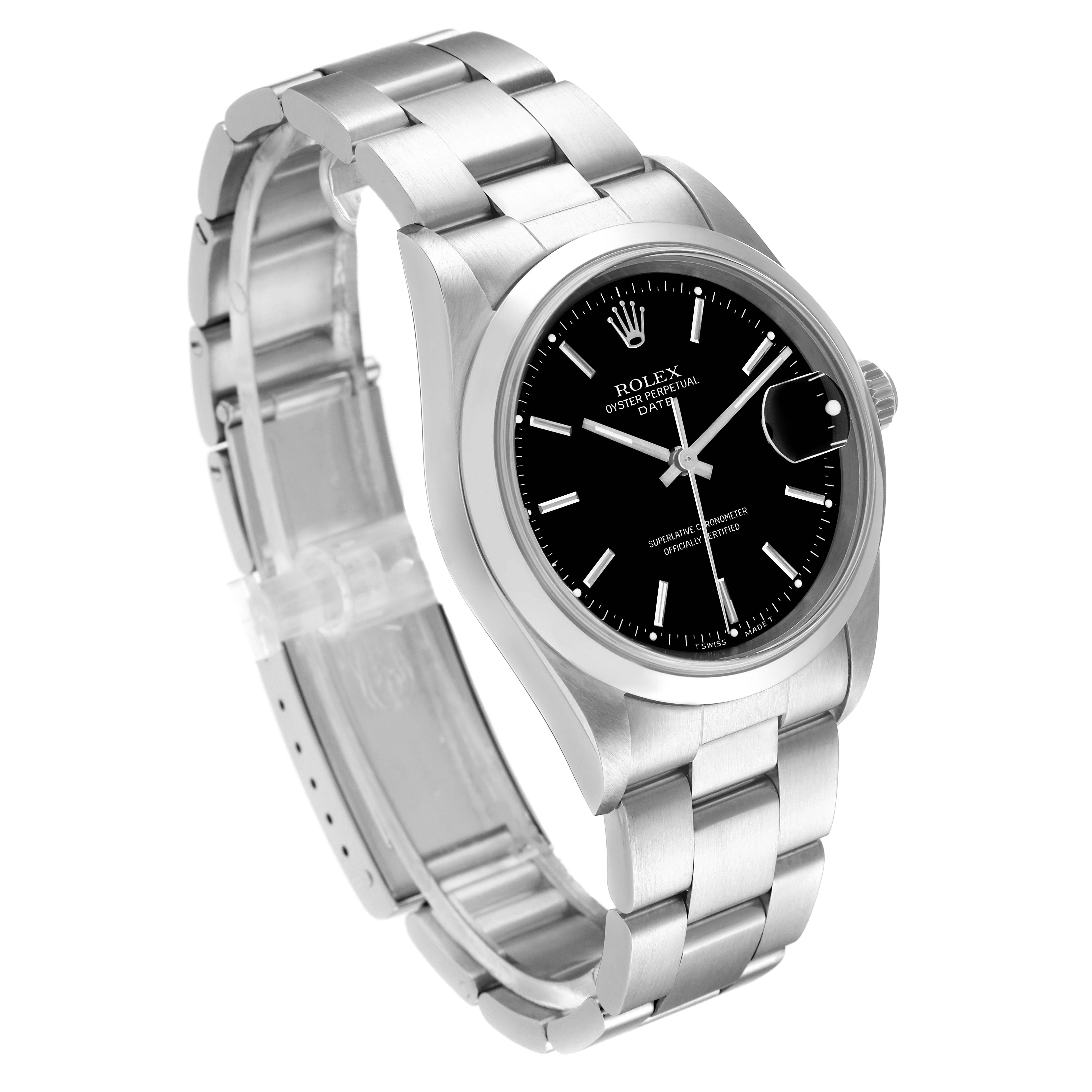 The Rolex Date 15200 Men's Stainless Steel Black Dial 15200 Men's Stainless Steel Black Dial model watch is shown at a three-quarter angle, featuring the bracelet, black dial, and partially opened clasp.