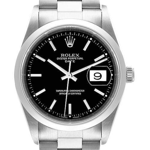 This image shows a front view of a Rolex Oyster Perpetual Date watch, displaying the face, dial, crown, and part of the bracelet.