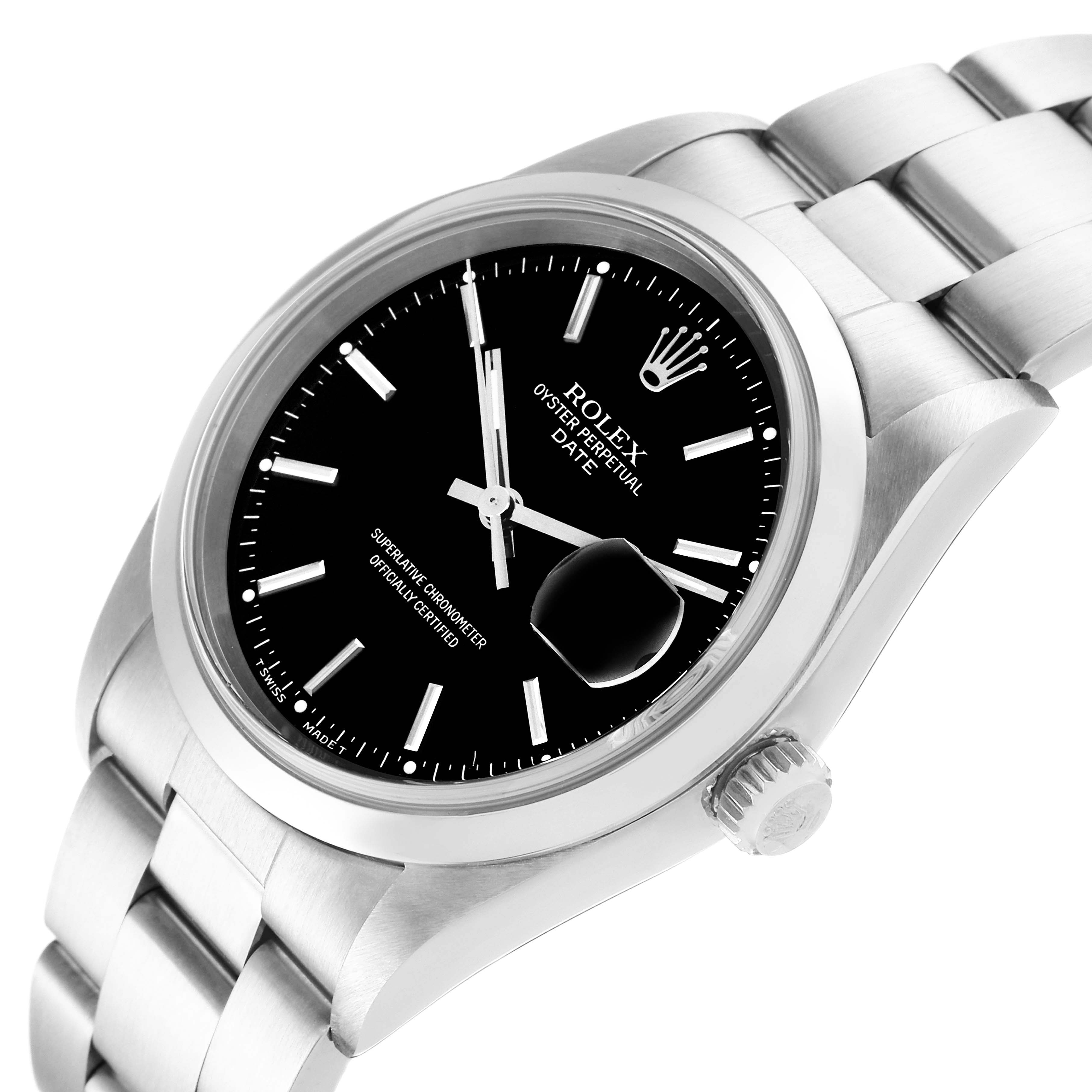 The image shows a close-up angled view of the Rolex Date 15200 Men's Stainless Steel Black Dial 15200 Men's Stainless Steel Black Dial model watch, highlighting the dial, case, and stainless steel bracelet.