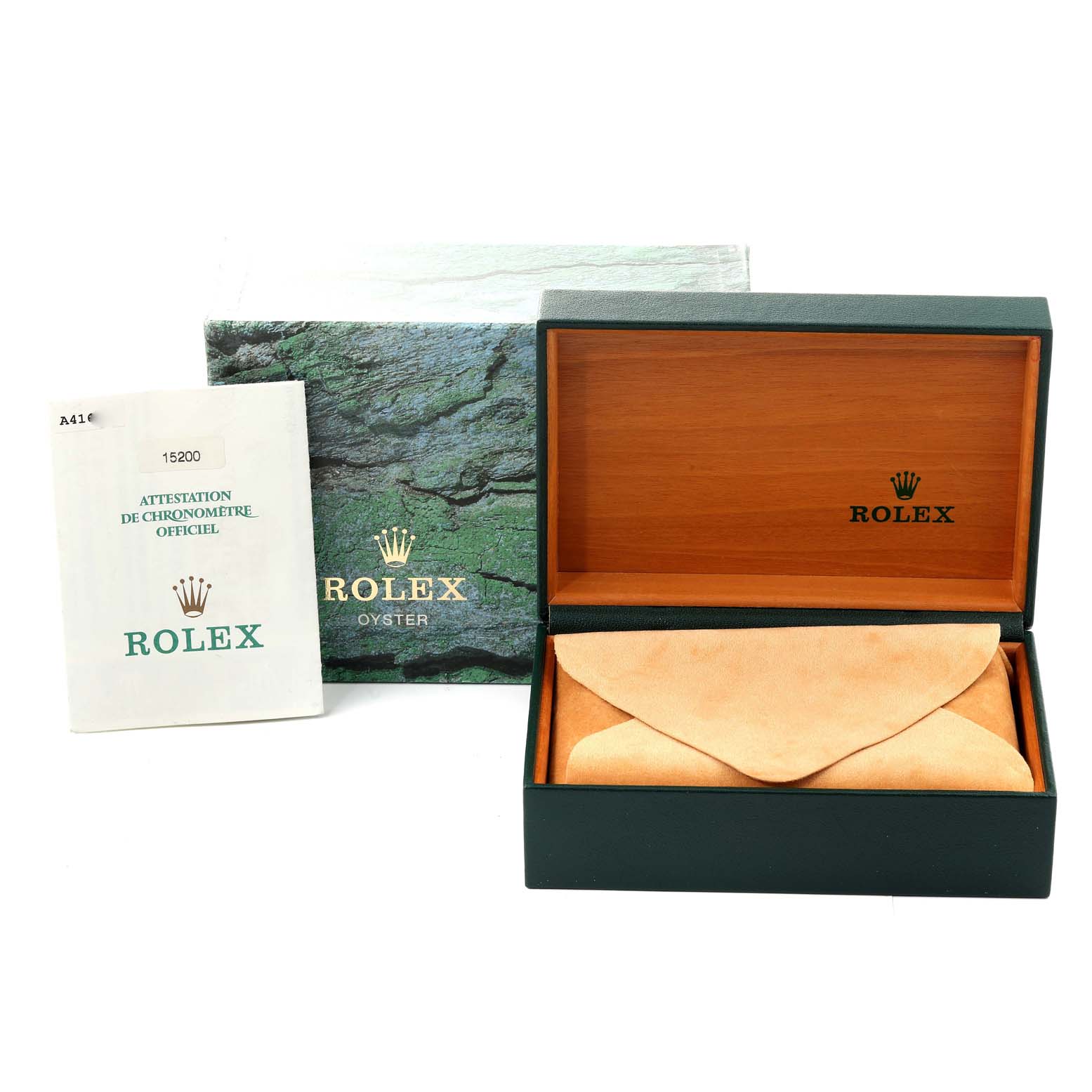 The image shows the box, certificate, and packaging for a Rolex Date 15200 Men's Stainless Steel White Dial 15200 Men's Stainless Steel White Dial model watch.