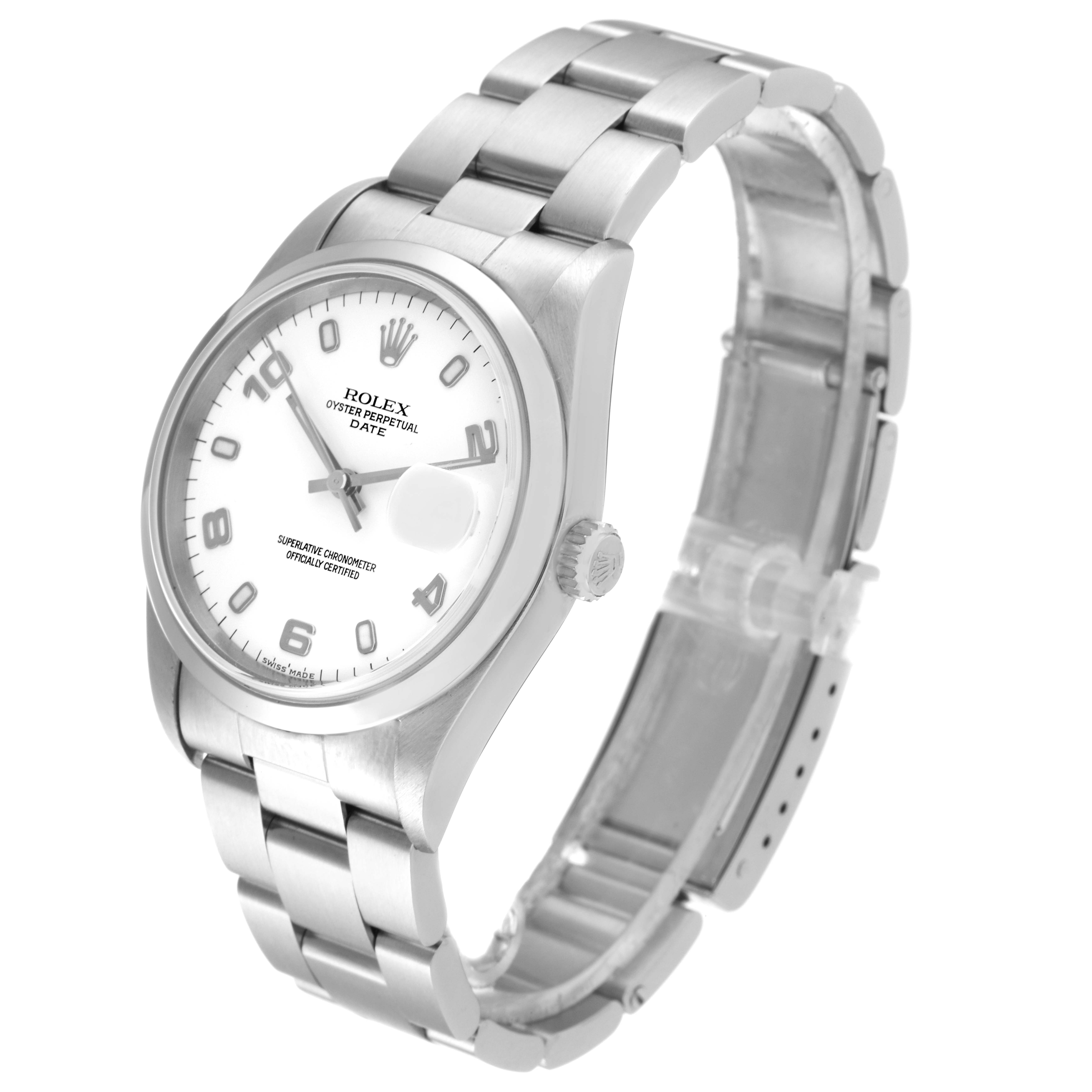 The image shows a Rolex Date 15200 Men's Stainless Steel White Dial 15200 Men's Stainless Steel White Dial model watch at a three-quarter angle, highlighting the dial, bracelet, and crown.