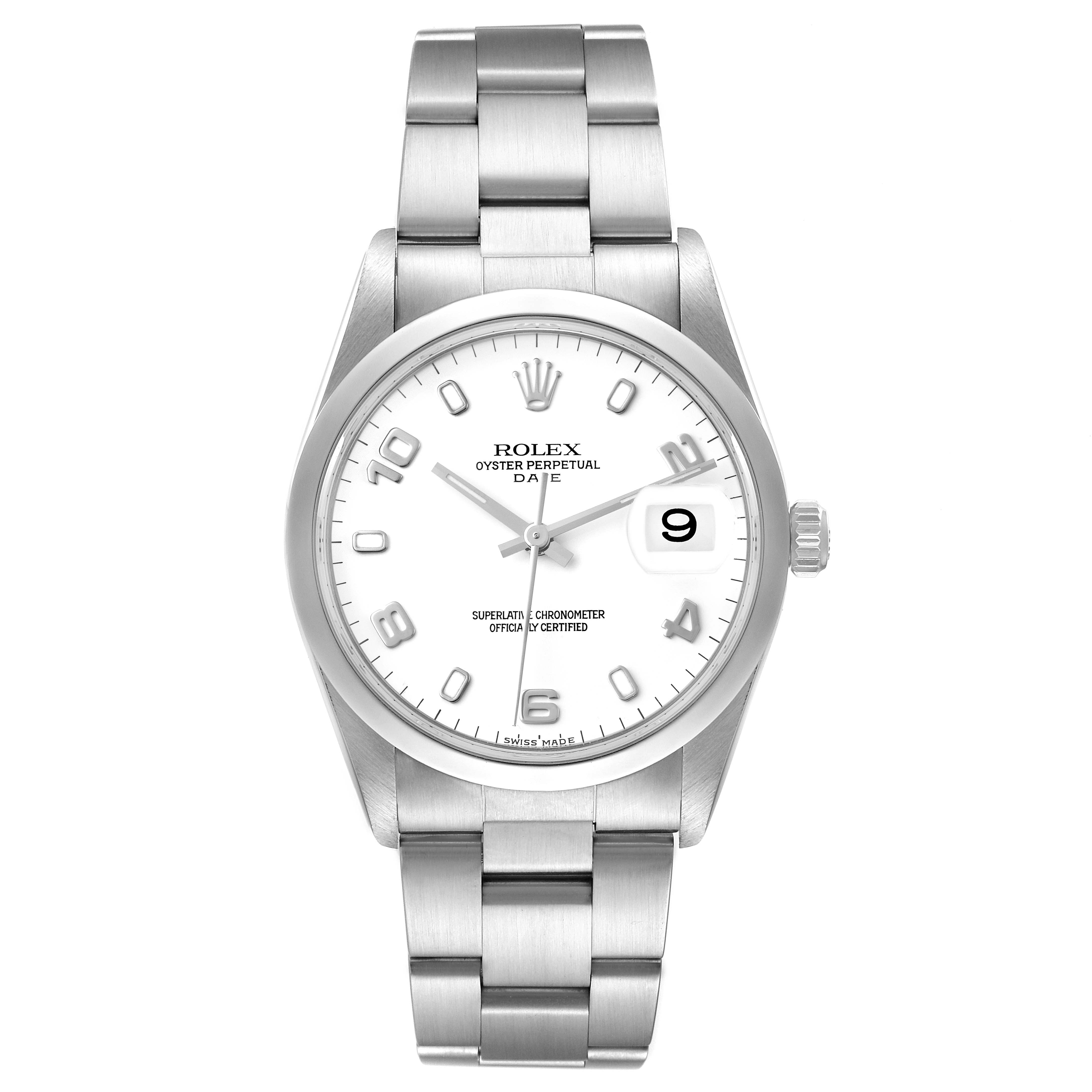 This image shows a front view of the Rolex Date 15200 Men's Stainless Steel White Dial 15200 Men's Stainless Steel White Dial model watch, highlighting the dial, bezel, bracelet, and date window.
