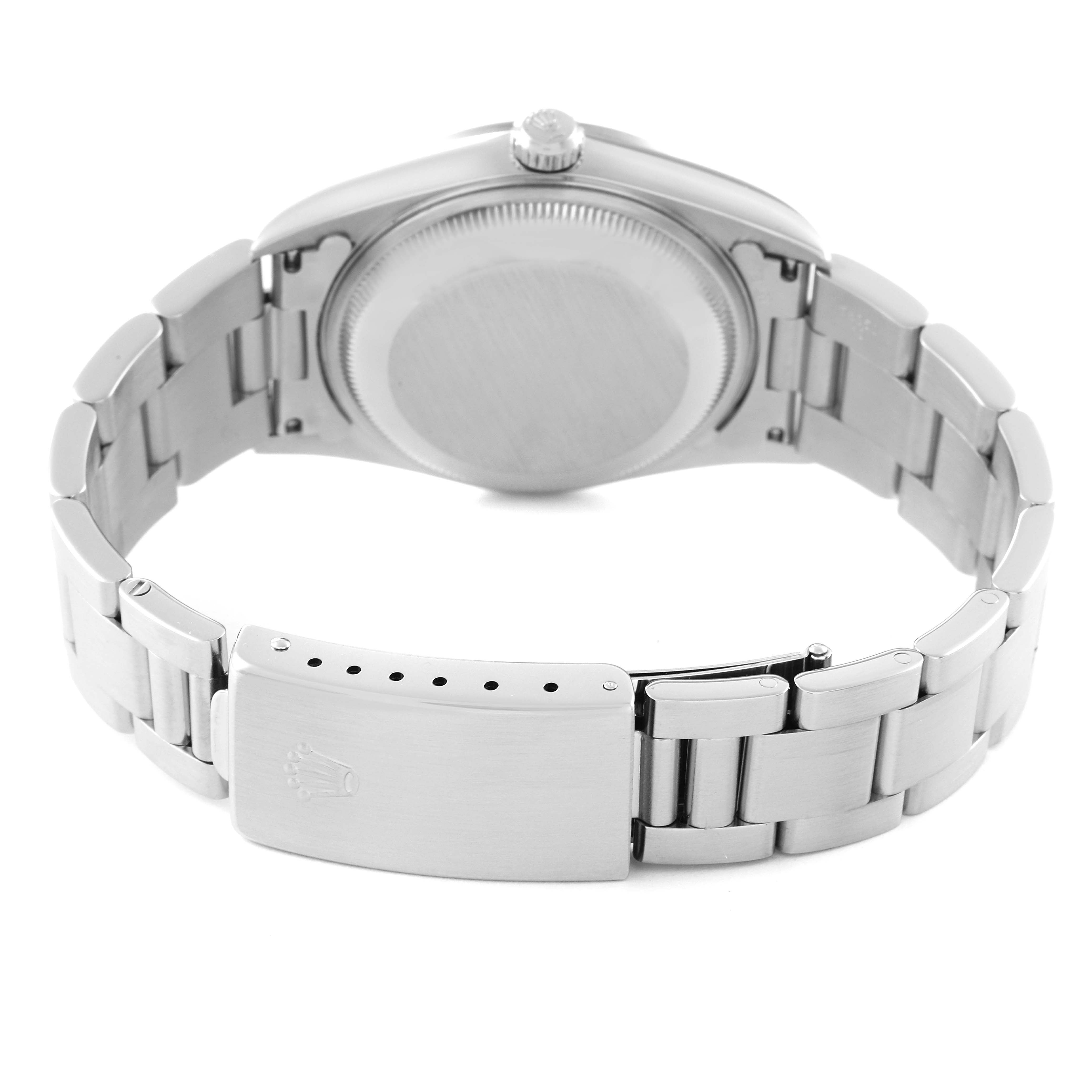 The image shows the back case and clasp of a Rolex Date 15200 Men's Stainless Steel White Dial 15200 Men's Stainless Steel White Dial model watch from an overhead angle.