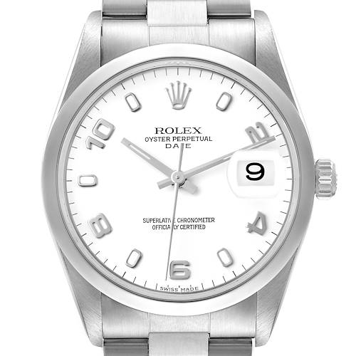 The image shows a front view of a Rolex Date 15200 Men's Stainless Steel White Dial 15200 Men's Stainless Steel White Dial model watch, highlighting its white dial, markers, and date magnifier.