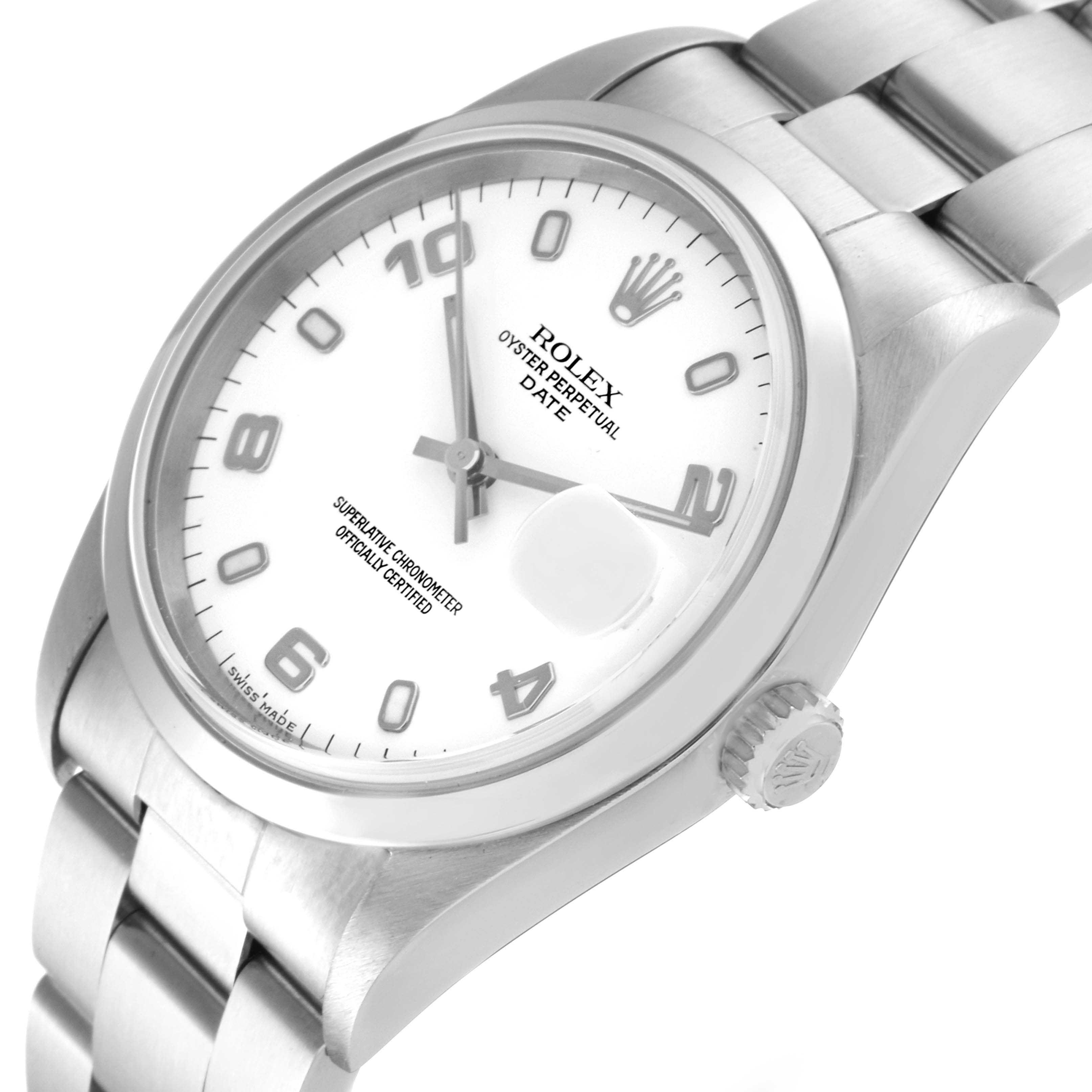 The Rolex Date 15200 Men's Stainless Steel White Dial 15200 Men's Stainless Steel White Dial watch is shown at an oblique angle, displaying its dial, crown, case, and part of the bracelet.