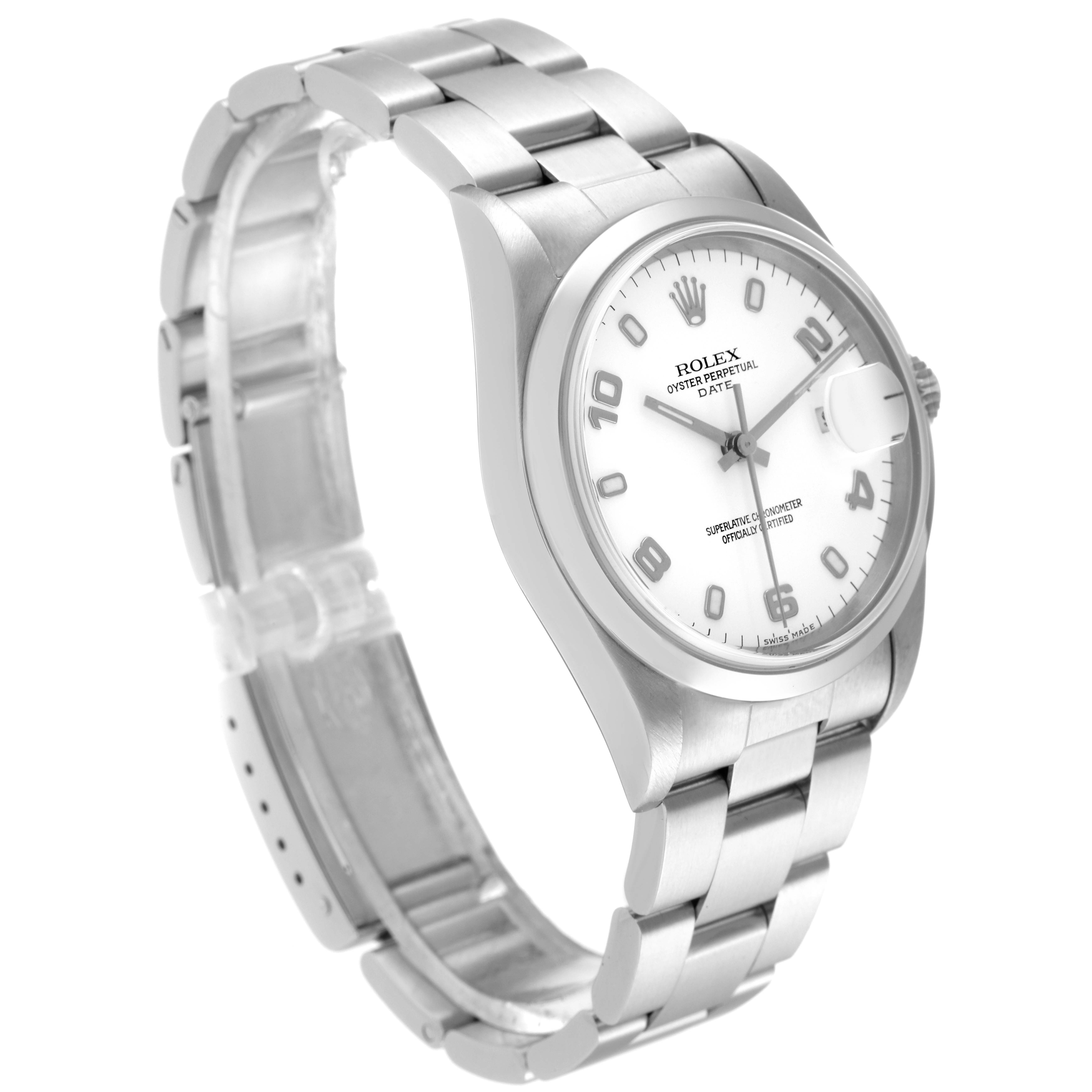 This image shows a side-angle view of a Rolex Date 15200 Men's Stainless Steel White Dial 15200 Men's Stainless Steel White Dial model watch, highlighting the face, bracelet, and clasp.