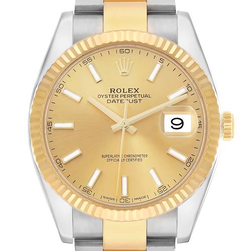 The Rolex Datejust 41 126333 Men's Steel and Gold (two tone) Champagne Dial is shown from a front angle, displaying the dial, bezel, hands, and part of the bracelet.