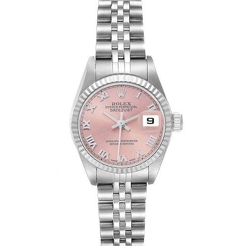 The Rolex Datejust 79174 Women's Stainless Steel Pink Dial watch is shown from a front angle, highlighting its pink dial, Roman numerals, silver bezel, and jubilee bracelet.
