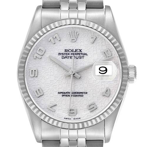 The Rolex Datejust 16234 Men's Stainless Steel Silver Dial is shown from the front, highlighting the dial, bezel, Cyclops lens, and part of the bracelet.