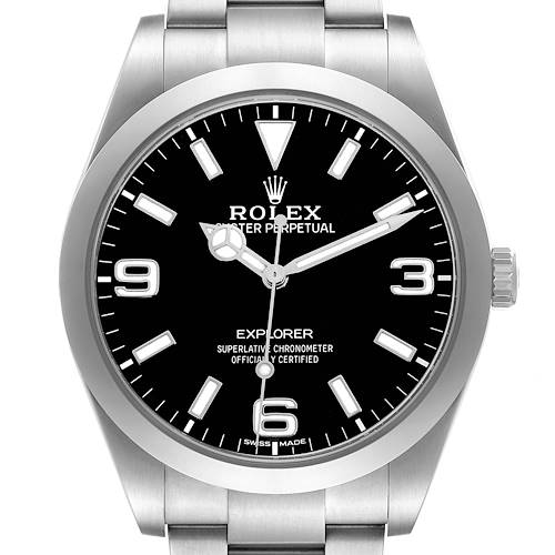 The Rolex Explorer 214270 Men's Stainless Steel Black Dial watch is shown from the front, displaying the face, bezel, crown, and part of the bracelet.