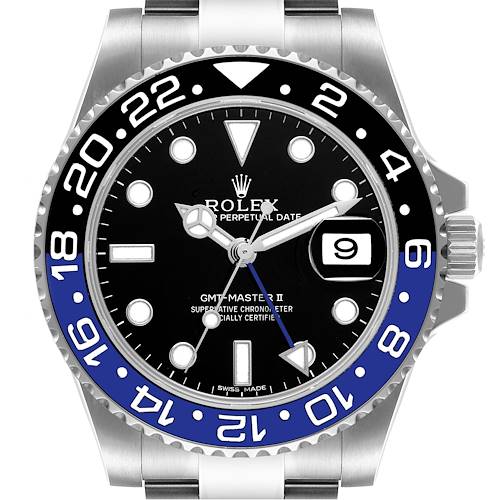 The image shows a front view of a Rolex GMT-Master 116710 Men's Stainless Steel Black Dial 116710 Men's Stainless Steel Black Dial II watch, highlighting its dial, bezel, and date window.