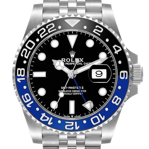 The image shows a front view of a Rolex GMT-Master 126710 Men's Stainless Steel Black Dial II, highlighting the bezel, dial, hands, and bracelet.