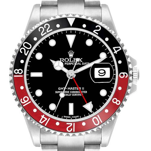 The Rolex GMT-Master 16710 Men's Stainless Steel Black Dial watch is shown from a front angle, highlighting its black and red bezel, dial, and date window.