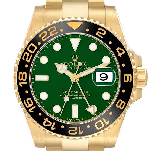 The Rolex GMT-Master 116718 Men's Yellow Gold Green Dial watch is shown from the front, highlighting its green dial, gold bezel, and calendar feature.