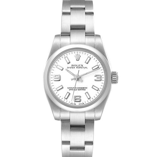 The image shows a front view of a Rolex Oyster Perpetual 176200 Women's Stainless Steel White Dial 176200 Women's Stainless Steel White Dial watch, highlighting its dial, hour markers, hands, and bracelet.
