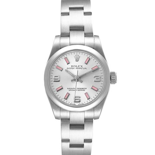 This Rolex Oyster Perpetual 176200 Women's Stainless Steel Silver Dial 176200 Women's Stainless Steel Silver Dial watch is shown from a front angle, displaying its face, hour markers, hands, and part of the metal bracelet.