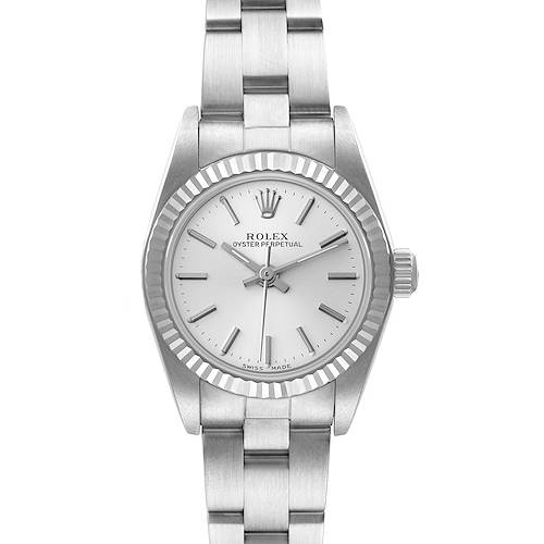 This image shows a front view of a Rolex Oyster Perpetual 76094 Women's Stainless Steel Silver Dial 76094 Women's Stainless Steel Silver Dial watch featuring its face, bezel, and bracelet.