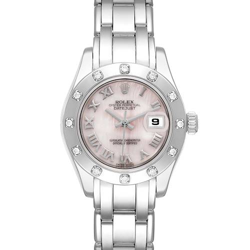 The image shows a frontal view of the Rolex Pearlmaster 80319 Women's White Gold Mother of Pearl Dial 80319 Women's White Gold Mother of Pearl Dial watch, highlighting the dial, bezel, crown, and bracelet.