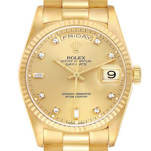 The Rolex President 18238 Men's Yellow Gold Champagne Dial model watch is shown from the front, displaying its face, bezel, and part of the bracelet.