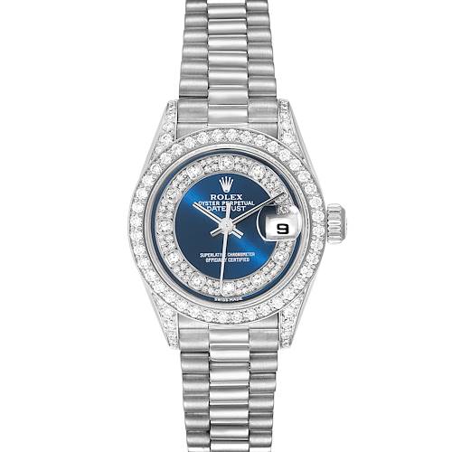 This image shows a front angle of the Rolex President 79159 Women's White Gold Champagne Dial 79159 Women's White Gold Champagne Dial model watch, highlighting the face, bezel, and band.