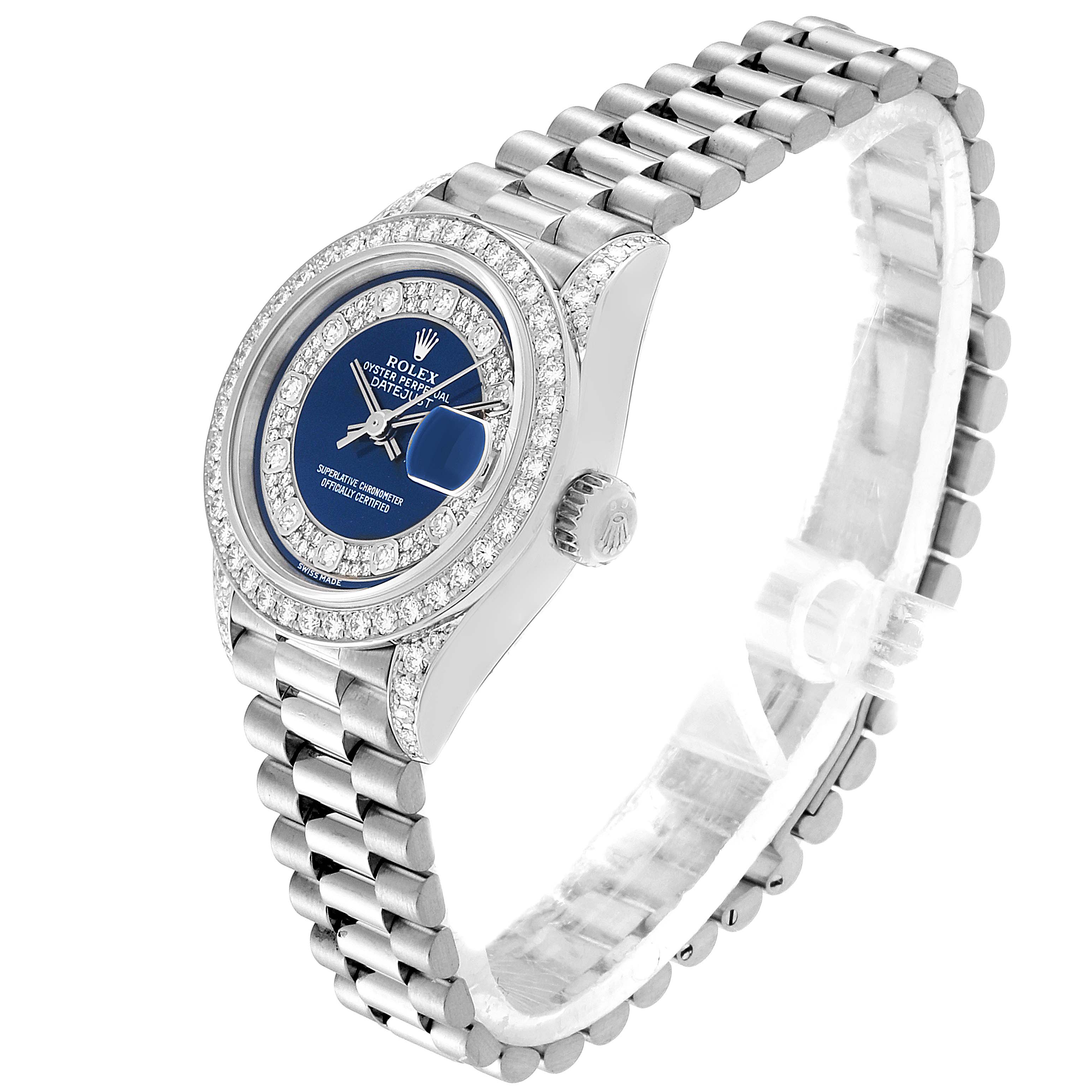 The image shows a side-angle view of a Rolex President 79159 Women's White Gold Champagne Dial 79159 Women's White Gold Champagne Dial model watch, featuring its bracelet, dial, bezel, and crown.