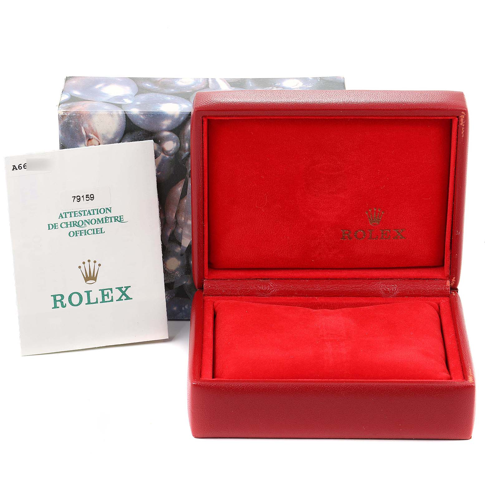 The image shows an open red Rolex box for the President model, accompanied by a certification booklet.