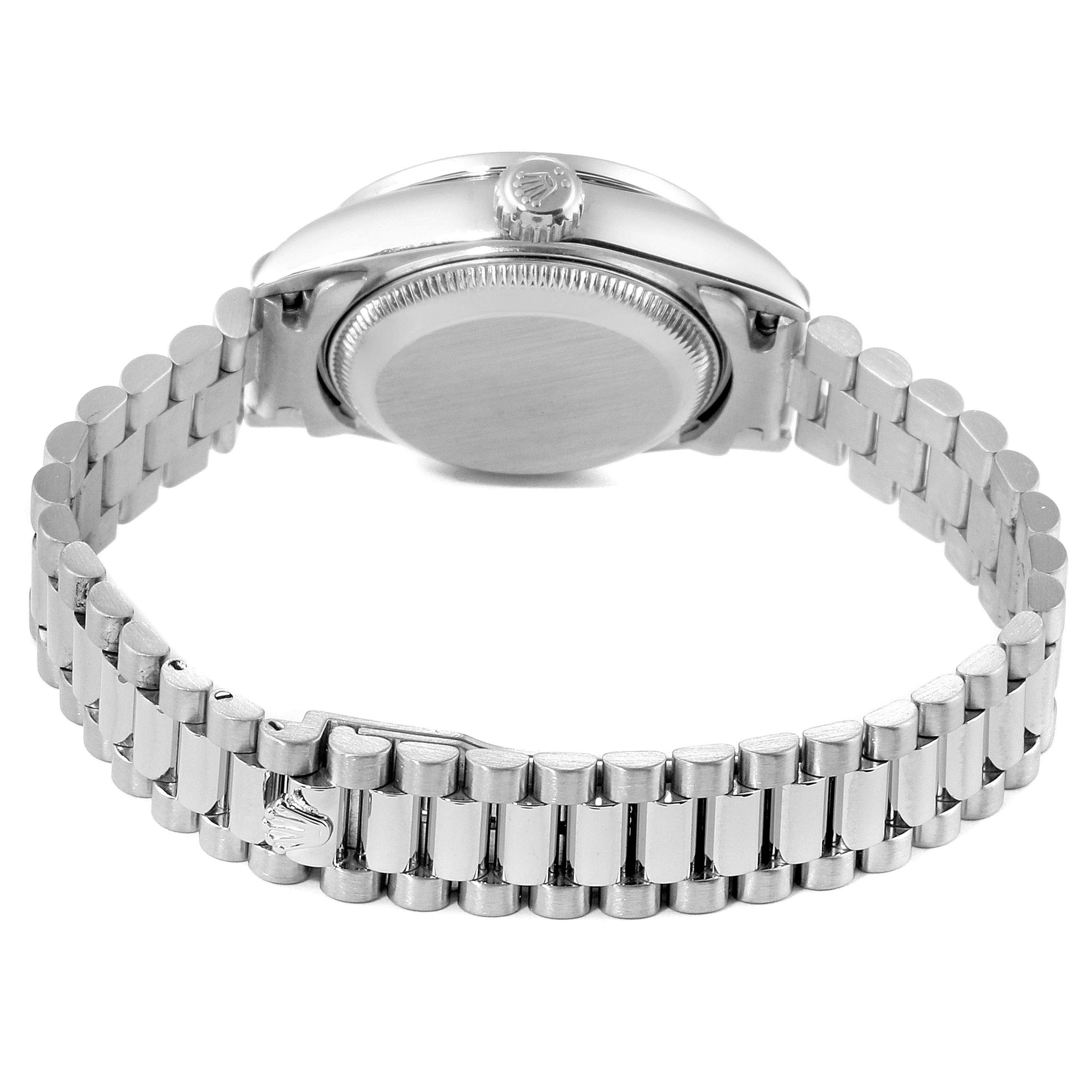 The image shows the back case and bracelet of a Rolex President 79159 Women's White Gold Champagne Dial 79159 Women's White Gold Champagne Dial model watch from a rear angle.