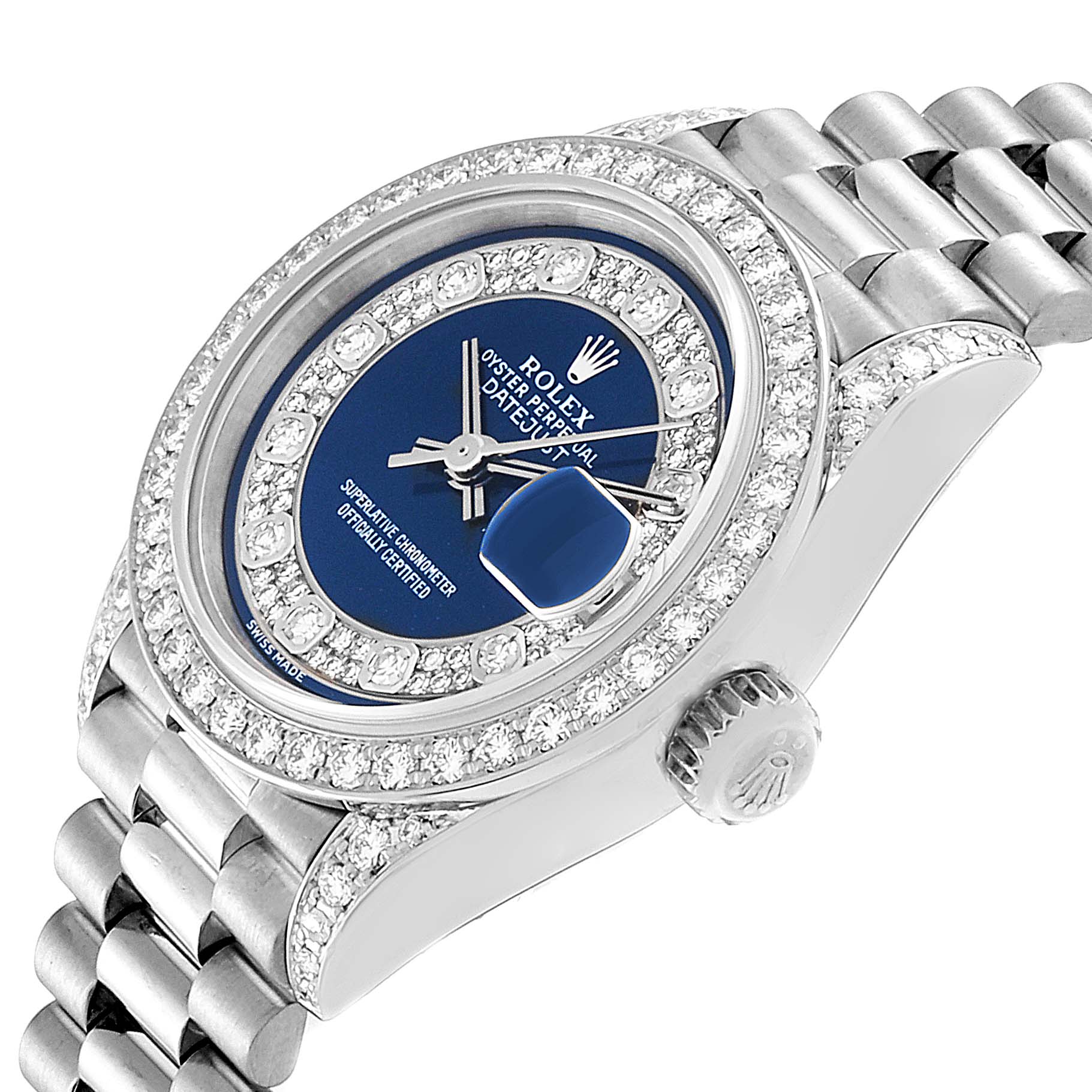 The image shows a Rolex President 79159 Women's White Gold Champagne Dial 79159 Women's White Gold Champagne Dial model watch from an angled top-down view, highlighting its blue dial, bezel, and bracelet.
