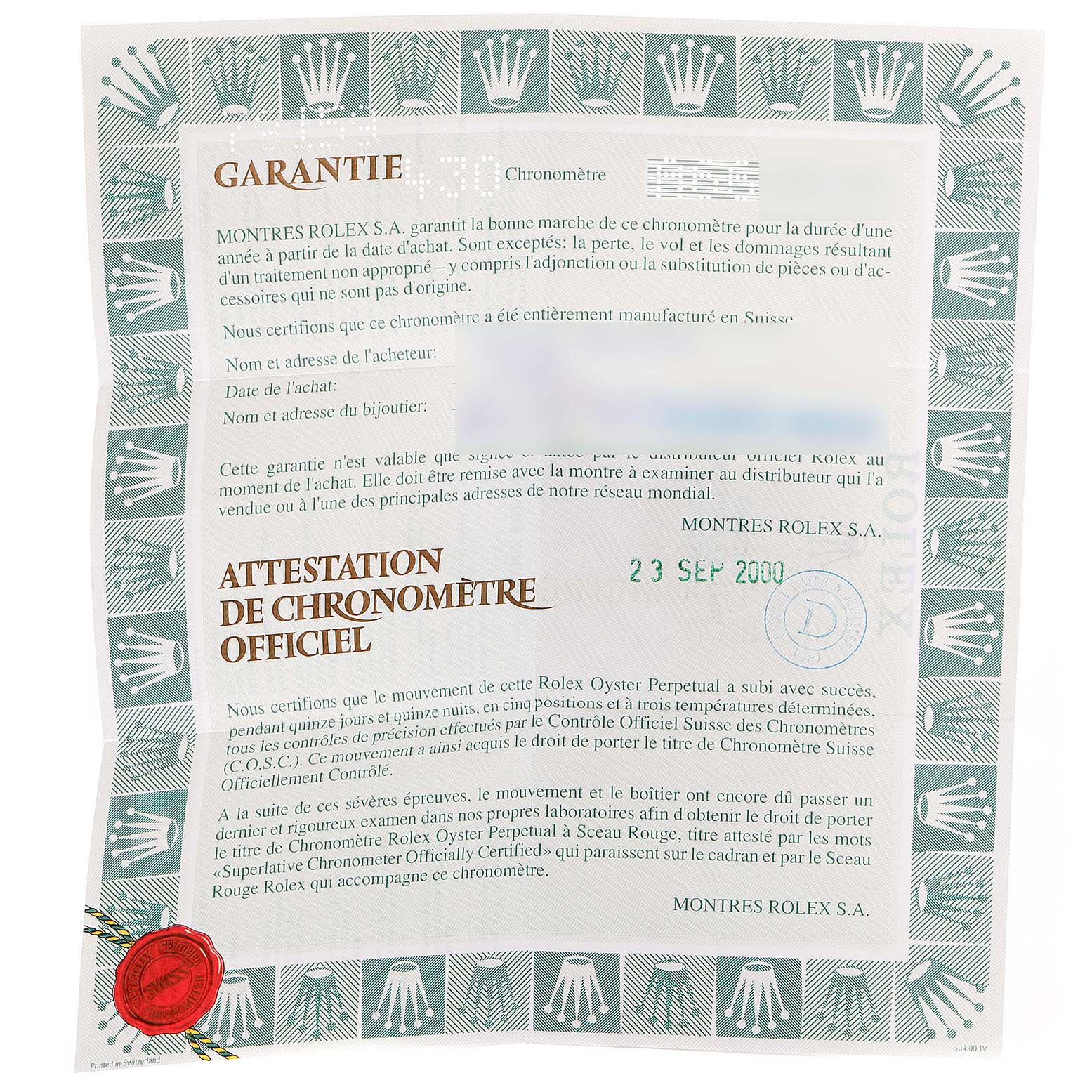 The image shows a warranty card and official chronometer certification for a Rolex President 79159 Women's White Gold Champagne Dial 79159 Women's White Gold Champagne Dial model watch.