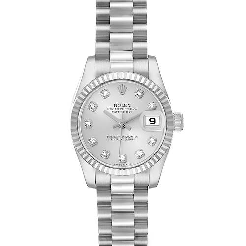 The image shows a front view of the Rolex President 179179 Women's White Gold Silver Dial watch, displaying its dial, bezel, bracelet, and date window.