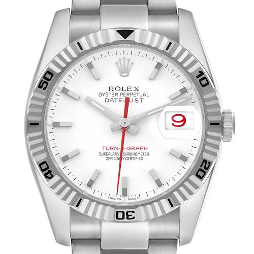 This image shows a front view of the Rolex Turn-o-Graph 116264 Men's Stainless Steel White Dial, displaying its dial, bezel, date window, and part of the bracelet.