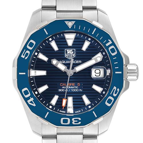 The image shows a front view of the Tag Heuer Aquaracer WAY211C.BA0928 Men's Stainless Steel Blue Dial WAY211C.BA0928 Men's Stainless Steel Blue Dial watch, highlighting its face, bezel, and bracelet.
