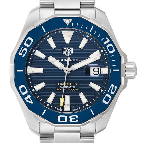 The image shows a front view of the Tag Heuer Aquaracer WAY201B Men's Stainless Steel Blue Dial WAY201B Men's Stainless Steel Blue Dial watch, highlighting its face, bezel, and crown.