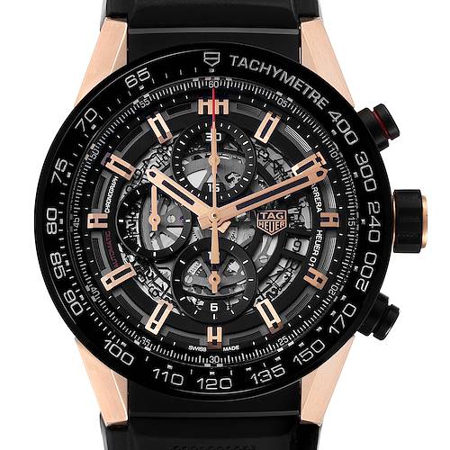 The image shows a close-up view of the dial and bezel of the Tag Heuer Carrera CAR2A5A.FT6044 Men's Rose Gold Black Dial CAR2A5A.FT6044 Men's Rose Gold Black Dial watch, highlighting its intricate design and chronograph features.