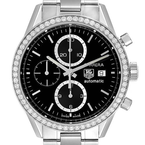 The image shows a frontal view of a Tag Heuer Carrera CV201J Men's Stainless Steel Black Dial CV201J Men's Stainless Steel Black Dial with a black dial, chronograph subdials, date display, and diamond bezel.