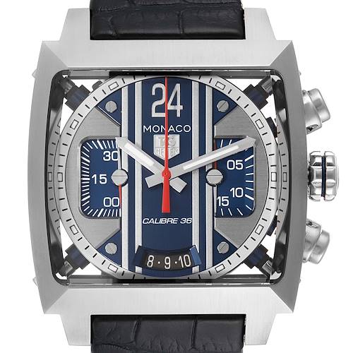 The Tag Heuer Monaco CAL5111.FC6299 Men's Stainless Steel Blue Dial CAL5111.FC6299 Men's Stainless Steel Blue Dial watch is shown from the front, displaying its dial, hands, and chronograph pushers.