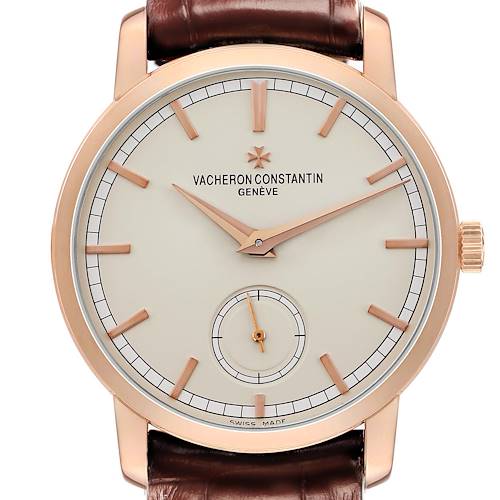 The Vacheron Constantin Traditionnelle 82172 Men's Rose Gold Silver Dial watch is shown from the front, highlighting the dial, hands, and case.