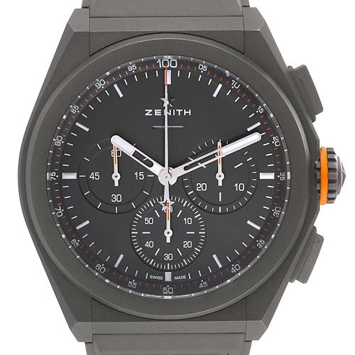 The image shows a close-up of the dial and chronograph subdials of the Zenith Defy 97.9000.9004/01.R787 Men's Titanium Grey Dial 97.9000.9004/01.R787 Men's Titanium Grey Dial model watch, including pushers and the crown.